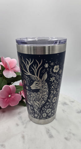 Woodland Deer and flowers Laser Engraved 20oz Double Wall Insulated Tumbler Travel mug,Seamless Tumbler ,Gift for Mum, Aunty, Daughte