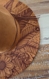 Boho feathers Burned Hat, cowgirl Burned Cowboy Hat: Engraved Suede/Felt Boho Fedora, Felt Wide brim hat Western Hat Festivals