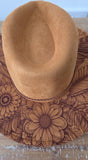 Boho feathers Burned Hat, cowgirl Burned Cowboy Hat: Engraved Suede/Felt Boho Fedora, Felt Wide brim hat Western Hat Festivals