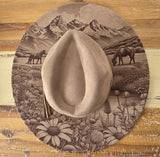 Horses, meadow and mountains Burned Hat, Floral Cowboy Hat. Burned Cowboy Hat: Engraved Suede/Felt Boho Fedora, Felt Wide brim hat Festivals