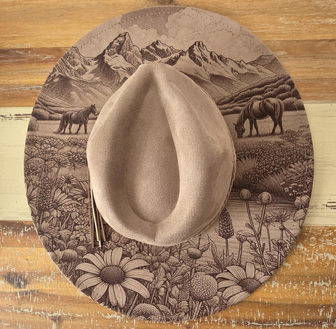 Horses, meadow and mountains Burned Hat, Floral Cowboy Hat. Burned Cowboy Hat: Engraved Suede/Felt Boho Fedora, Felt Wide brim hat Festivals