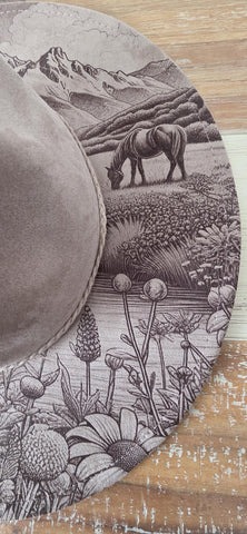 Horses, meadow and mountains Burned Hat, Floral Cowboy Hat. Burned Cowboy Hat: Engraved Suede/Felt Boho Fedora, Felt Wide brim hat Festivals