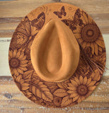 Sunflowers and butterflies Burned Hat, Floral Cowboy Hat. Burned Cowboy Hat: Engraved Suede/Felt Boho Fedora, Felt Wide brim hat Western Hat