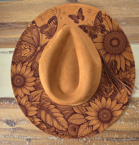 Sunflowers and butterflies Burned Hat, Floral Cowboy Hat. Burned Cowboy Hat: Engraved Suede/Felt Boho Fedora, Felt Wide brim hat Western Hat