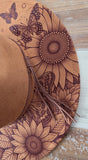 Sunflowers and butterflies Burned Hat, Floral Cowboy Hat. Burned Cowboy Hat: Engraved Suede/Felt Boho Fedora, Felt Wide brim hat Western Hat