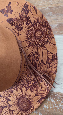 Sunflowers and butterflies Burned Hat, Floral Cowboy Hat. Burned Cowboy Hat: Engraved Suede/Felt Boho Fedora, Felt Wide brim hat Western Hat