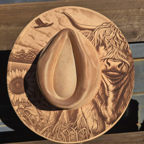 Highland Cow and sunflowers Burned Hat, Halloween, cow and flowers Burned cowgirl Cowboy Hat: Engraved Suede/Felt Boho Fedora, Wide brim hat