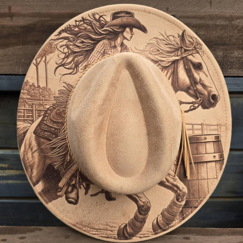 Barrel racer Horse Burned Hat, Halloween, cow and flowers Burned cowgirl Cowboy Hat: Engraved Suede/Felt Boho Fedora, Wide brim hat