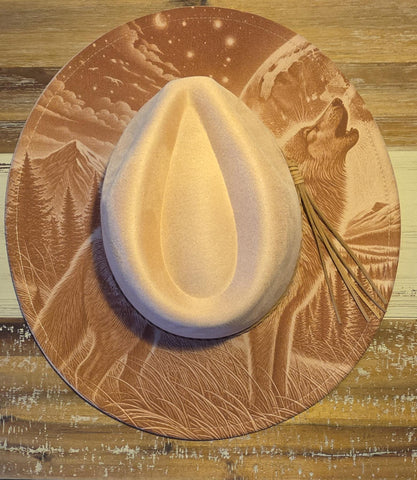 Howling wolf Hat, Bird Burned cowgirl Cowboy Hat: Engraved Suede/Felt Boho Fedora, Felt Wide brim hat Western Hat Festivals