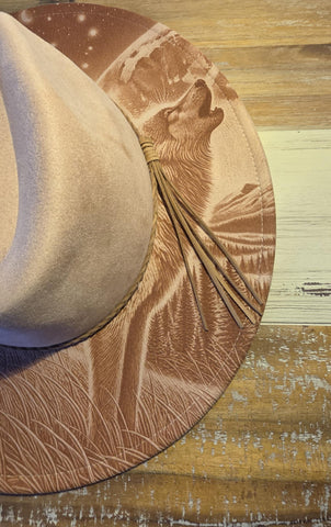 Howling wolf Hat, Bird Burned cowgirl Cowboy Hat: Engraved Suede/Felt Boho Fedora, Felt Wide brim hat Western Hat Festivals