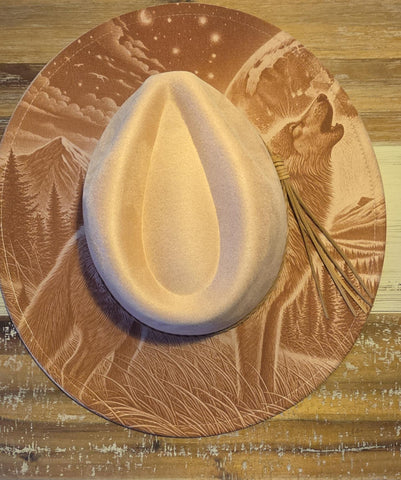 Howling wolf Hat, Bird Burned cowgirl Cowboy Hat: Engraved Suede/Felt Boho Fedora, Felt Wide brim hat Western Hat Festivals