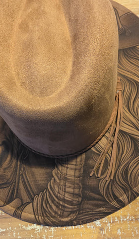 Cowgirl and Horse Burned Hat, Floral Burned cowgirl Cowboy Hat: Engraved Suede/Felt Boho Fedora, Felt Wide brim hat Western Hat Festivals