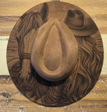 Cowgirl and Horse Burned Hat, Floral Burned cowgirl Cowboy Hat: Engraved Suede/Felt Boho Fedora, Felt Wide brim hat Western Hat Festivals