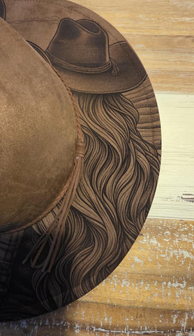 Cowgirl and Horse Burned Hat, Floral Burned cowgirl Cowboy Hat: Engraved Suede/Felt Boho Fedora, Felt Wide brim hat Western Hat Festivals