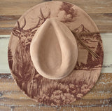 Deer, Mountain, Stag Burned cowgirl Cowboy Hat: Engraved Suede/Felt Boho Fedora, Felt Wide brim hat Western Hat Festivals