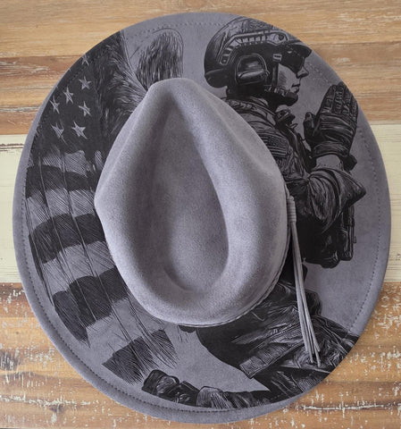 USA Flag, Veterans, Fallen Soldiers, Boots Burned cowgirl Cowboy Hat: Engraved Suede/Felt Boho Fedora, Felt Wide brim hat Western Hat