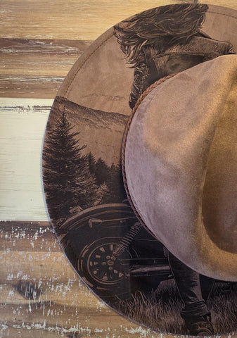 Motorbike Cowgirl Burned Hat, Biker Woman cowgirl Cowboy Hat: Engraved Suede/Felt Boho Fedora, Felt Wide brim hat Western Hat Festivals