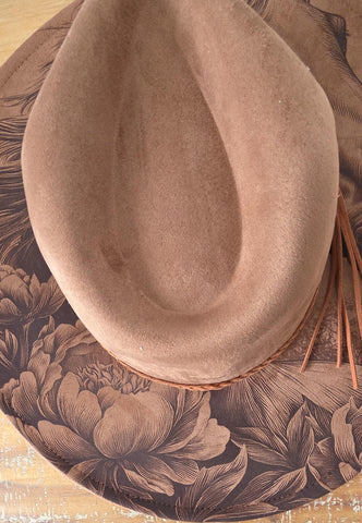 Horse and Peonies, Peony Burned cowgirl Cowboy Hat: Engraved Suede/Felt Boho Fedora, Felt Wide brim hat Western Hat Festivals