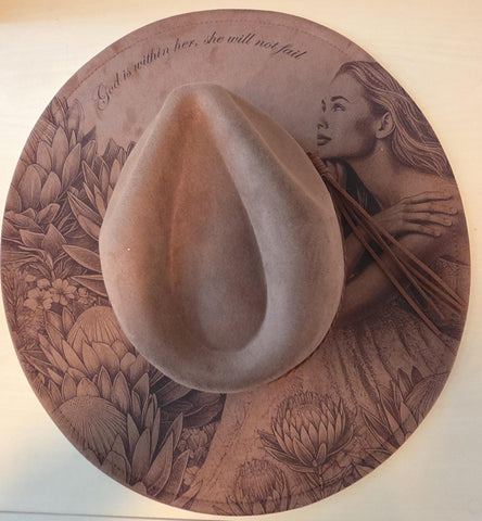 South African Protea Burned Hat, Protea Australia  Floral Burned cowgirl Cowboy Hat: Engraved Suede/Felt Boho Fedora, Felt Wide brim hat