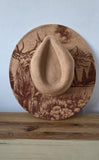 Deer, Mountain, Stag Burned cowgirl Cowboy Hat: Engraved Suede/Felt Boho Fedora, Felt Wide brim hat Western Hat Festivals