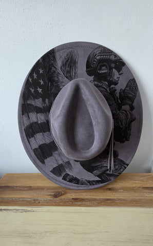 USA Flag, Veterans, Fallen Soldiers, Boots Burned cowgirl Cowboy Hat: Engraved Suede/Felt Boho Fedora, Felt Wide brim hat Western Hat