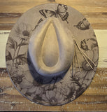 Butterfly garden Cowgirl Burned Hat, Floral Burned cowgirl Cowboy Hat: Engraved Suede/Felt Boho Fedora, Felt Wide brim hat Western Hat