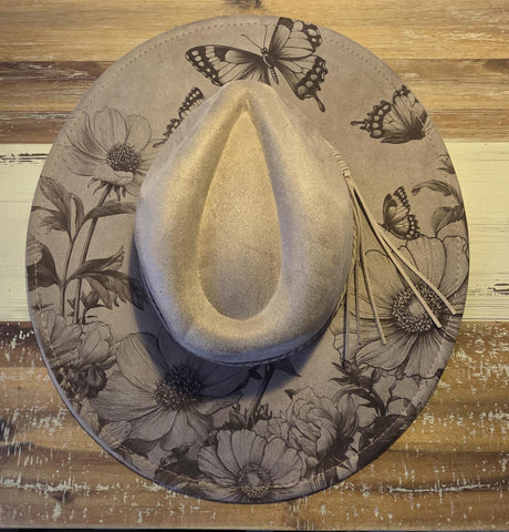 Butterfly garden Cowgirl Burned Hat, Floral Burned cowgirl Cowboy Hat: Engraved Suede/Felt Boho Fedora, Felt Wide brim hat Western Hat