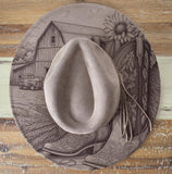 Cowgirl Boots and Barn, Meadow Cowgirl Burned Hat, Floral Burned cowgirl Cowboy Hat: Engraved Suede Boho Fedora, Wide brim hat Western Hat