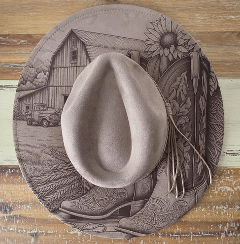 Cowgirl Boots and Barn, Meadow Cowgirl Burned Hat, Floral Burned cowgirl Cowboy Hat: Engraved Suede Boho Fedora, Wide brim hat Western Hat