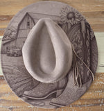 Cowgirl Boots and Barn, Meadow Cowgirl Burned Hat, Floral Burned cowgirl Cowboy Hat: Engraved Suede Boho Fedora, Wide brim hat Western Hat