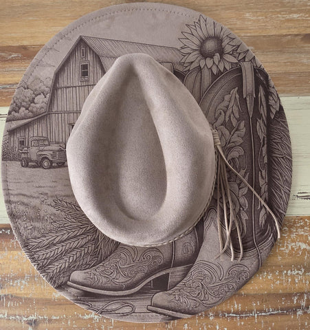 Cowgirl Boots and Barn, Meadow Cowgirl Burned Hat, Floral Burned cowgirl Cowboy Hat: Engraved Suede Boho Fedora, Wide brim hat Western Hat