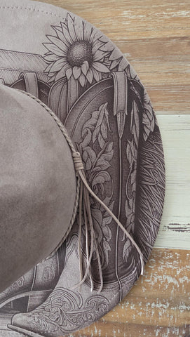 Cowgirl Boots and Barn, Meadow Cowgirl Burned Hat, Floral Burned cowgirl Cowboy Hat: Engraved Suede Boho Fedora, Wide brim hat Western Hat