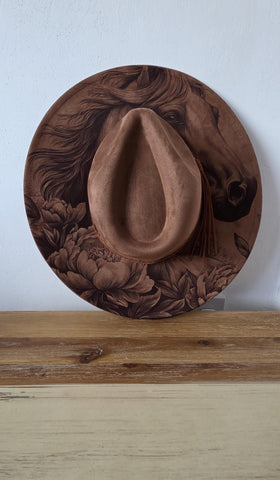 Horse and Peonies, Peony Burned cowgirl Cowboy Hat: Engraved Suede/Felt Boho Fedora, Felt Wide brim hat Western Hat Festivals