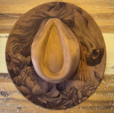 Horse and Peonies, Peony Burned cowgirl Cowboy Hat: Engraved Suede/Felt Boho Fedora, Felt Wide brim hat Western Hat Festivals