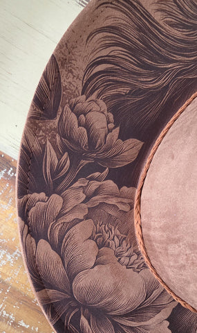 Horse and Peonies, Peony Burned cowgirl Cowboy Hat: Engraved Suede/Felt Boho Fedora, Felt Wide brim hat Western Hat Festivals