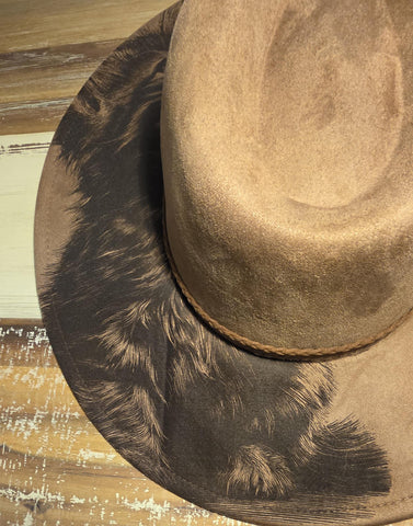 Kitten and Butterfly, Cat, Butterflies Burned Hat, Floral Burned cowgirl Cowboy Hat: Engraved Suede Boho Fedora Wide brim hat Western Hat
