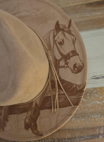Retro Cowgirl and Horse Burned Hat, Floral Burned cowgirl Cowboy Hat: Engraved Suede/Felt Boho Fedora, Felt Wide brim hat Western Hat