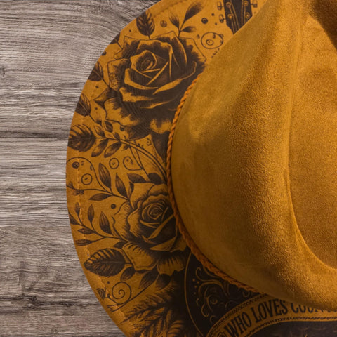Country and Western- Just a girl Burned Hat, cowgirl Cowboy Hat: Engraved Suede/Felt Boho Fedora, Felt Wide brim hat Festivals