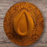 Sunflowers, Floral Burned Hat, cowgirl Burned Mountain Cowboy Hat: Engraved Suede/Felt Boho Fedora, Felt Wide brim hat Western Hat Festivals