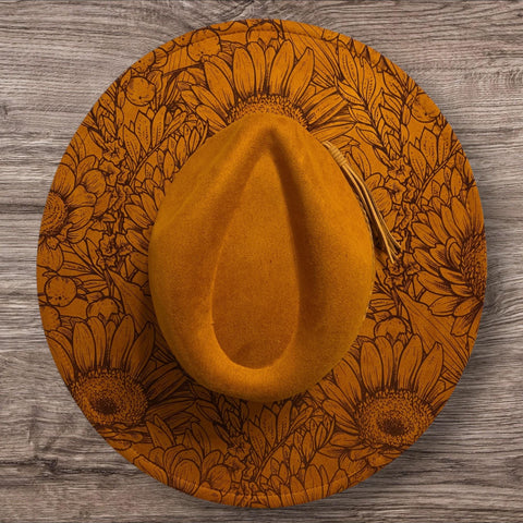Sunflowers, Floral Burned Hat, cowgirl Burned Mountain Cowboy Hat: Engraved Suede/Felt Boho Fedora, Felt Wide brim hat Western Hat Festivals