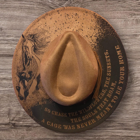 Horse, galloping horse Burned Hat, Floral Burned cowgirl Cowboy Hat: Engraved Suede/Felt Boho Fedora, Felt Wide brim hat
