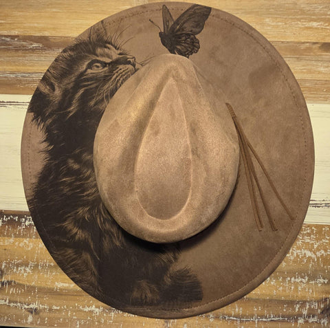Kitten and Butterfly, Cat, Butterflies Burned Hat, Floral Burned cowgirl Cowboy Hat: Engraved Suede Boho Fedora Wide brim hat Western Hat