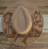 Retro Cowgirl and Horse Burned Hat, Floral Burned cowgirl Cowboy Hat: Engraved Suede/Felt Boho Fedora, Felt Wide brim hat Western Hat