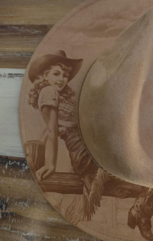 Retro Cowgirl and Horse Burned Hat, Floral Burned cowgirl Cowboy Hat: Engraved Suede/Felt Boho Fedora, Felt Wide brim hat Western Hat