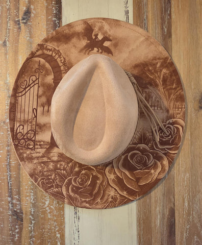 Dark night Dragons Burned cowgirl Cowboy Hat: Engraved Suede/Felt Boho Fedora, Felt Wide brim hat Western Hat Festivals
