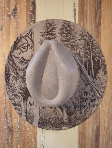 Howling Wolf Burned Hat, cowgirl Burned Mountain Cowboy Hat: Engraved Suede/Felt Boho Fedora, Felt Wide brim hat Western Hat Festivals
