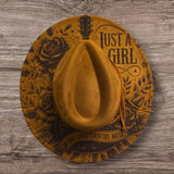 Country and Western- Just a girl Burned Hat, cowgirl Cowboy Hat: Engraved Suede/Felt Boho Fedora, Felt Wide brim hat Festivals