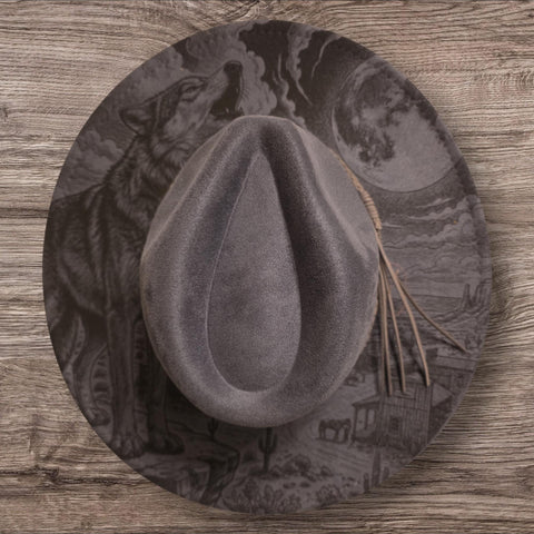 Howling Wolf Burned Hat, cowgirl Burned Mountain Cowboy Hat: Engraved Suede/Felt Boho Fedora, Felt Wide brim hat Western Hat Festivals