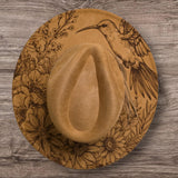 Humming Bird Burned Hat, Floral Burned cowgirl Cowboy Hat: Engraved Suede/Felt Boho Fedora, Felt Wide brim hat