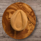 Native American Women and wolf Burned Hat, cowgirl Burned Cowboy Hat: Engraved Suede/Felt Boho Fedora, Wide brim hat Western Hat Festivals